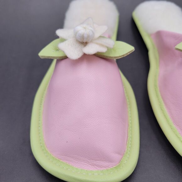 Vtg Amy Jo Gladstone Pink & Green Slide Slippers Size M Leather - Picture 3 of 9